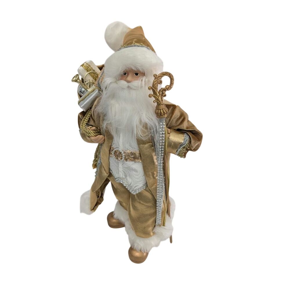 Santa Figurine 18" Luxe Gold White w Gifts and Staff Rhinestone Sequin Sparkles